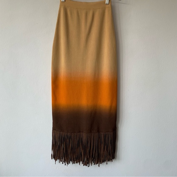 Sandro Aldira Fringe Dip Dye Ombré Festival Midi Column Skirt Brown Tan Orange - Picture 3 of 9